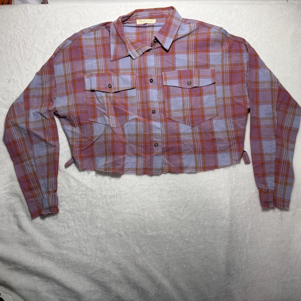 Gilded Intent Purple, Blue & Orange Plaid cropped shirt